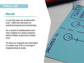 Policy Lab
Result
In our first year we worked with
over 1,200 civil servants on
practical projects and workshops.
As a result of collaboration and
new insights our policy projects
deliver better outcomes at lower
cost.
To date our projects are estimated
to create over £3m in savings if
implemented at scale.
 