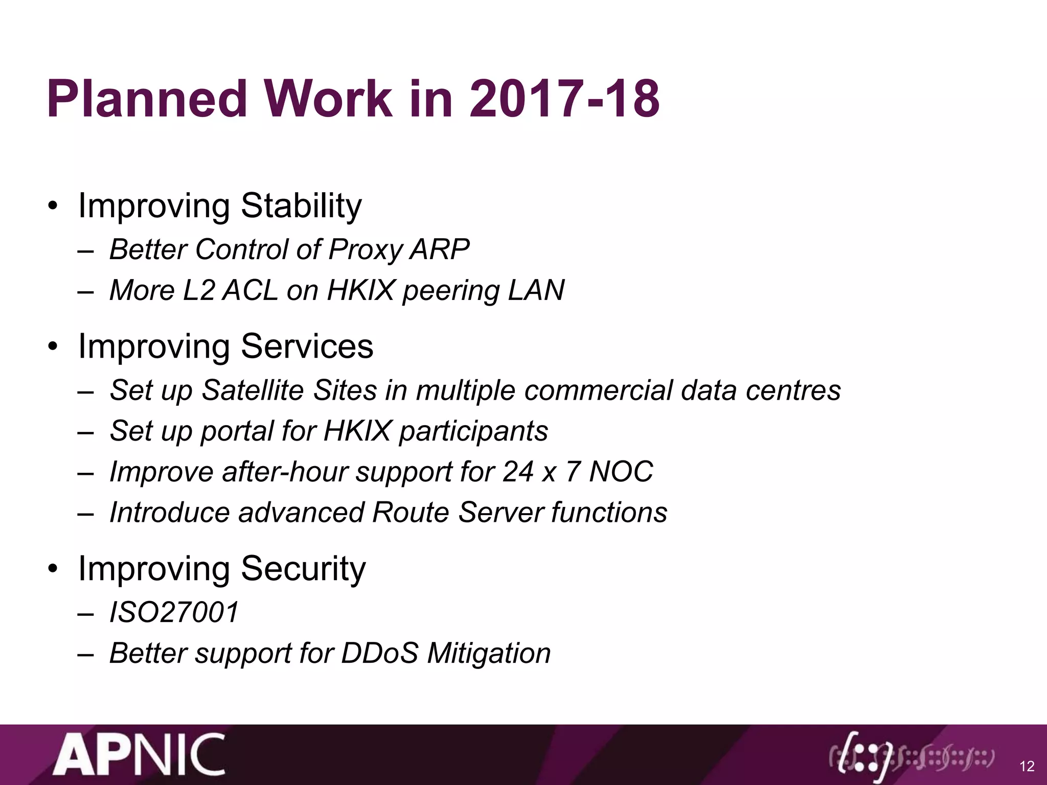 Planned Work in 2017-18
• Improving Stability
– Better Control of Proxy ARP
– More L2 ACL on HKIX peering LAN
• Improving Services
– Set up Satellite Sites in multiple commercial data centres
– Set up portal for HKIX participants
– Improve after-hour support for 24 x 7 NOC
– Introduce advanced Route Server functions
• Improving Security
– ISO27001
– Better support for DDoS Mitigation
12
 
