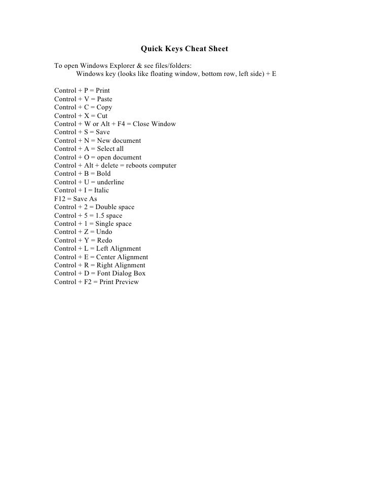 Quick keys cheat sheet
