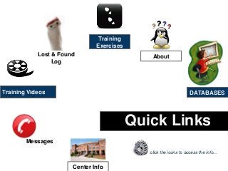 Quick Links
DATABASES
Training
Exercises
Training Videos
Center Info
AboutLost & Found
Log
Messages
click the icons to access the info...
 