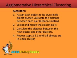 Agglomerative Hierarchical ClusteringAlgorithm:Assign each object to its own single-object cluster. Calculate the distance between each pair (distance matrix)Select and merge the closest pairsCalculate the distance between this new cluster and other clusters.Repeat steps 2 & 3 until all objects are in single cluster