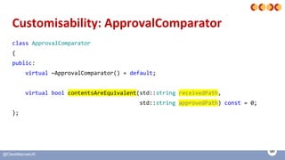 101
@ClareMacraeUK
Customisability: ApprovalComparator
class ApprovalComparator
{
public:
virtual ~ApprovalComparator() = ...