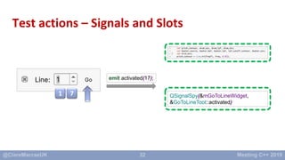 32
Test actions – Signals and Slots
1 7
emit activated(17);
QSignalSpy(&mGoToLineWidget,
&GoToLineTool::activated)
 