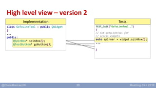 39
High level view – version 2
Implementation Tests
class GoToLineTool : public QWidget
{
...
public:
QSpinBox* spinBox();...