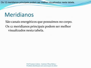 Meridianos Os 12 meridianos princípais podem ser melhor visualizados nesta tabela.São canais energéticos que possuímos no corpo.Os 12 meridianos principais podem ser melhor visualizados nesta tabela.Profº Gustavo Galves - Instituto Plena Beleza - Proibido distribuição sem autorização do editor