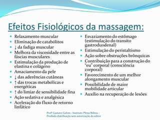 Efeitos Fisiológicos da massagem:Relaxamento muscularEliminação de catabólitos↓ da fadiga muscularMelhora da viscosidade entre as fáscias muscularesEstimulação da produção de elastina e colágenoAmaciamento da pele↓ das aderências cutâneas↑ das trocas metabólicas e energéticas↑ do limiar de sensibilidade finaAção sedativa e analgésicaAceleração do fluxo de retorno linfáticoEsvaziamento do estômago (estimulação do transito gastroduodenal)Estimulação do peristaltismoAção sobre obstruções brônquicasContribuição para a construção do “eu” corporal (consciência corporal)Favorecimento de um melhor alongamento muscularPossibilidade de maior mobilidade articularAuxílio na recuperação de lesõesProfº Gustavo Galves - Instituto Plena Beleza - Proibido distribuição sem autorização do editor