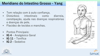 Meridiano do Intestino Grosso - Yang
• Tem relação com à auto confiança.
• Distúrbios intestinais como diarreia,
constipação, ajuda nas doenças respiratórias
e doenças de pele.
• Flacidez de tecidos e manchas.
• Pontos Principais:
• IG 4 – Analgésico Geral
• IG 11 – Tonifica
• IG 2 - Sedativo
 