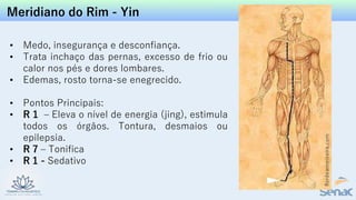 Meridiano do Rim - Yin
• Medo, insegurança e desconfiança.
• Trata inchaço das pernas, excesso de frio ou
calor nos pés e dores lombares.
• Edemas, rosto torna-se enegrecido.
• Pontos Principais:
• R 1 – Eleva o nível de energia (jing), estimula
todos os órgãos. Tontura, desmaios ou
epilepsia.
• R 7 – Tonifica
• R 1 - Sedativo
 