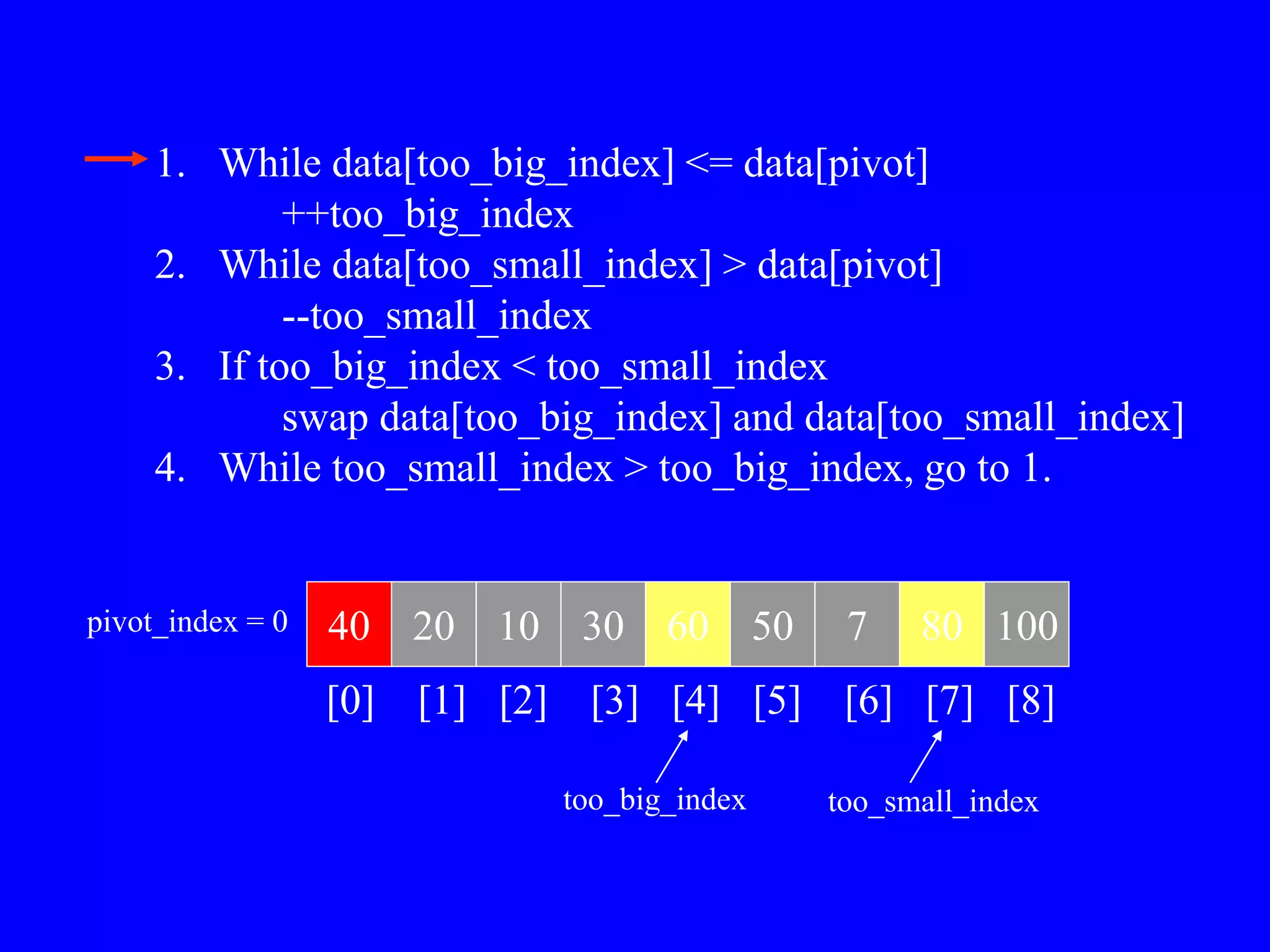 40 20 10 30 60 50 7 80 100
pivot_index = 0
[0] [1] [2] [3] [4] [5] [6] [7] [8]
too_big_index too_small_index
1. While data[too_big_index] <= data[pivot]
++too_big_index
2. While data[too_small_index] > data[pivot]
--too_small_index
3. If too_big_index < too_small_index
swap data[too_big_index] and data[too_small_index]
4. While too_small_index > too_big_index, go to 1.
 