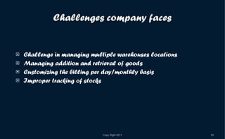 Challenge in managing multiple warehouses locations Managing addition and retrieval of goods Customizing the billing per day/monthly basis Improper tracking of stocks 