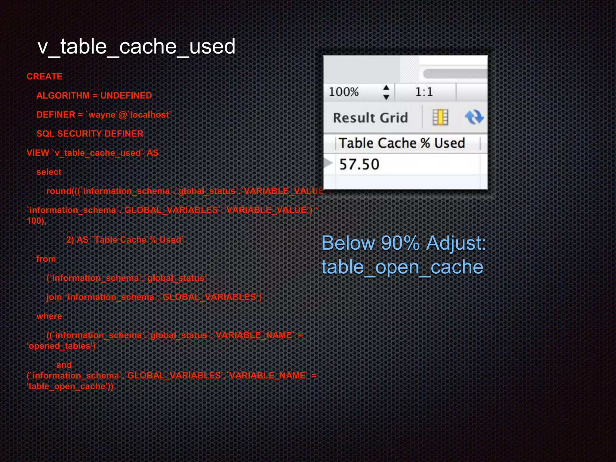 v_table_cache_used 
CREATE 
ALGORITHM = UNDEFINED 
DEFINER = `wayne`@`localhost` 
SQL SECURITY DEFINER 
VIEW `v_table_cache_used` AS 
select 
round(((`information_schema`.`global_status`.`VARIABLE_VALUE` / 
`information_schema`.`GLOBAL_VARIABLES`.`VARIABLE_VALUE`) * 
100), 
2) AS `Table Cache % Used` 
from 
(`information_schema`.`global_status` 
join `information_schema`.`GLOBAL_VARIABLES`) 
where 
((`information_schema`.`global_status`.`VARIABLE_NAME` = 
'opened_tables') 
and 
(`information_schema`.`GLOBAL_VARIABLES`.`VARIABLE_NAME` = 
'table_open_cache')) 
Below 90% Adjust: 
table_open_cache 
 