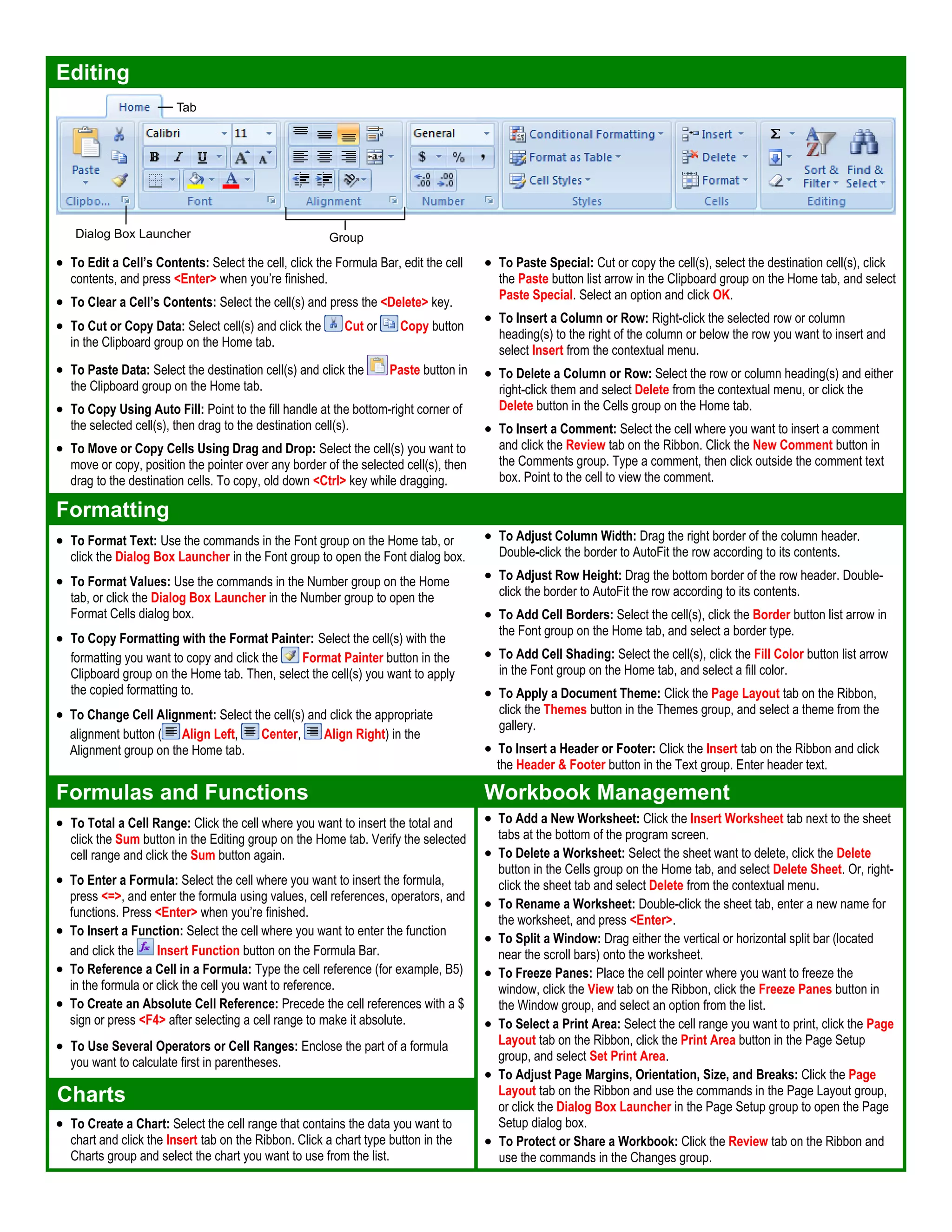 Editing
• To Edit a Cell’s Contents: Select the cell, click the Formula Bar, edit the cell
contents, and press <Enter> when you’re finished.
• To Clear a Cell’s Contents: Select the cell(s) and press the <Delete> key.
• To Cut or Copy Data: Select cell(s) and click the Cut or Copy button
in the Clipboard group on the Home tab.
• To Paste Data: Select the destination cell(s) and click the Paste button in
the Clipboard group on the Home tab.
• To Copy Using Auto Fill: Point to the fill handle at the bottom-right corner of
the selected cell(s), then drag to the destination cell(s).
• To Move or Copy Cells Using Drag and Drop: Select the cell(s) you want to
move or copy, position the pointer over any border of the selected cell(s), then
drag to the destination cells. To copy, old down <Ctrl> key while dragging.
• To Paste Special: Cut or copy the cell(s), select the destination cell(s), click
the Paste button list arrow in the Clipboard group on the Home tab, and select
Paste Special. Select an option and click OK.
• To Insert a Column or Row: Right-click the selected row or column
heading(s) to the right of the column or below the row you want to insert and
select Insert from the contextual menu.
• To Delete a Column or Row: Select the row or column heading(s) and either
right-click them and select Delete from the contextual menu, or click the
Delete button in the Cells group on the Home tab.
• To Insert a Comment: Select the cell where you want to insert a comment
and click the Review tab on the Ribbon. Click the New Comment button in
the Comments group. Type a comment, then click outside the comment text
box. Point to the cell to view the comment.
Formatting
• To Format Text: Use the commands in the Font group on the Home tab, or
click the Dialog Box Launcher in the Font group to open the Font dialog box.
• To Format Values: Use the commands in the Number group on the Home
tab, or click the Dialog Box Launcher in the Number group to open the
Format Cells dialog box.
• To Copy Formatting with the Format Painter: Select the cell(s) with the
formatting you want to copy and click the Format Painter button in the
Clipboard group on the Home tab. Then, select the cell(s) you want to apply
the copied formatting to.
• To Change Cell Alignment: Select the cell(s) and click the appropriate
alignment button ( Align Left, Center, Align Right) in the
Alignment group on the Home tab.
• To Adjust Column Width: Drag the right border of the column header.
Double-click the border to AutoFit the row according to its contents.
• To Adjust Row Height: Drag the bottom border of the row header. Double-
click the border to AutoFit the row according to its contents.
• To Add Cell Borders: Select the cell(s), click the Border button list arrow in
the Font group on the Home tab, and select a border type.
• To Add Cell Shading: Select the cell(s), click the Fill Color button list arrow
in the Font group on the Home tab, and select a fill color.
• To Apply a Document Theme: Click the Page Layout tab on the Ribbon,
click the Themes button in the Themes group, and select a theme from the
gallery.
• To Insert a Header or Footer: Click the Insert tab on the Ribbon and click
the Header & Footer button in the Text group. Enter header text.
Formulas and Functions Workbook Management
• To Total a Cell Range: Click the cell where you want to insert the total and
click the Sum button in the Editing group on the Home tab. Verify the selected
cell range and click the Sum button again.
• To Enter a Formula: Select the cell where you want to insert the formula,
press <=>, and enter the formula using values, cell references, operators, and
functions. Press <Enter> when you’re finished.
• To Insert a Function: Select the cell where you want to enter the function
and click the Insert Function button on the Formula Bar.
• To Reference a Cell in a Formula: Type the cell reference (for example, B5)
in the formula or click the cell you want to reference.
• To Create an Absolute Cell Reference: Precede the cell references with a $
sign or press <F4> after selecting a cell range to make it absolute.
• To Use Several Operators or Cell Ranges: Enclose the part of a formula
you want to calculate first in parentheses.
Charts
• To Create a Chart: Select the cell range that contains the data you want to
chart and click the Insert tab on the Ribbon. Click a chart type button in the
Charts group and select the chart you want to use from the list.
• To Add a New Worksheet: Click the Insert Worksheet tab next to the sheet
tabs at the bottom of the program screen.
• To Delete a Worksheet: Select the sheet want to delete, click the Delete
button in the Cells group on the Home tab, and select Delete Sheet. Or, right-
click the sheet tab and select Delete from the contextual menu.
• To Rename a Worksheet: Double-click the sheet tab, enter a new name for
the worksheet, and press <Enter>.
• To Split a Window: Drag either the vertical or horizontal split bar (located
near the scroll bars) onto the worksheet.
• To Freeze Panes: Place the cell pointer where you want to freeze the
window, click the View tab on the Ribbon, click the Freeze Panes button in
the Window group, and select an option from the list.
• To Select a Print Area: Select the cell range you want to print, click the Page
Layout tab on the Ribbon, click the Print Area button in the Page Setup
group, and select Set Print Area.
• To Adjust Page Margins, Orientation, Size, and Breaks: Click the Page
Layout tab on the Ribbon and use the commands in the Page Layout group,
or click the Dialog Box Launcher in the Page Setup group to open the Page
Setup dialog box.
• To Protect or Share a Workbook: Click the Review tab on the Ribbon and
use the commands in the Changes group.
Dialog Box Launcher Group
Tab
 