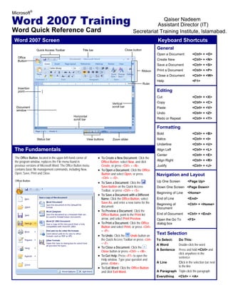                      
Word Quick Reference Card
           
           
Microsoft®
Word 2007 Training
               
Word 2007 Screen Keyboard Shortcuts
Office
Button
Quick Access Toolbar Title bar
Ruler
Ribbon
Close button
Open a Document <Ctrl> + <O>
Create New <Ctrl> + <N>
Save a Document <Ctrl> + <S>
Print a Document <Ctrl> + <P>
Close a Document <Ctrl> + <W>
Help <F1>
General
Insertion
point
Document
window
Horizontal
scroll bar
Vertical
scroll bar
Editing
Cut <Ctrl> + <X>
Copy <Ctrl> + <C>
Paste <Ctrl> + <V>
Undo <Ctrl> + <Z>
Redo or Repeat <Ctrl> + <Y>
View buttonsStatus bar Zoom slider
Formatting
Bold <Ctrl> + <B>
Italics <Ctrl> + <I>
Underline <Ctrl> + <U>
Align Left <Ctrl> + <L>
Center <Ctrl> + <E>
Align Right <Ctrl> + <R>
Justify <Ctrl> + <J>
The Fundamentals
Office Button
The Office Button, located in the upper left-hand corner of
the program window, replaces the File menu found in
previous versions of Microsoft Word. The Office Button menu
contains basic file management commands, including New,
Open, Save, Print and Close.
• To Create a New Document: Click the
Office Button, select New, and click
Create, or press <Ctrl> + <N>.
• To Open a Document: Click the Office
Button and select Open, or press
<Ctrl> + <O>.
• To Save a Document: Click the
Save button on the Quick Access
Toolbar, or press <Ctrl> + <S>.
• To Save a Document with a Different
Name: Click the Office Button, select
Save As, and enter a new name for the
document.
• To Preview a Document: Click the
Office Button, point to the Print list
arrow, and select Print Preview.
• To Print a Document: Click the Office
Button and select Print, or press <Ctrl>
Navigation and Layout
Up One Screen <Page Up>
Down One Screen <Page Down>
Beginning of Line <Home>
End of Line <End>
Beginning of <Ctrl> + <Home>
Document
End of Document <Ctrl> + <End>
Open the Go To <F5>
dialog box
+ <P>.
• To Undo: Click the Undo button on
Text Selection
the Quick Access Toolbar or press <Ctrl> To Select: Do This:
+ <Z>.
• To Close a Document: Click the
Close button or press <Ctrl> + <W>.
• To Get Help: Press <F1> to open the
Help window. Type your question and
press <Enter>.
• To Exit Word: Click the Office Button
A Word Double-click the word
A Sentence Press and hold <Ctrl> and
click anywhere in the
sentence
A Line Click in the selection bar next
to the line
and click Exit Word. A Paragraph Triple-click the paragraph
Everything <Ctrl> + <A>
Qaiser Nadeem
Assistant Director (IT)
Secretariat Training Institute, Islamabad.
 