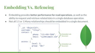 Embedding Vs. Refencing
● Embedding provides better performance for read operations, as well as the
ability to request and retrieve related data in a single database operation.
● Not all 1:1 or 1:Many relationships should be embedded in a single document.
 