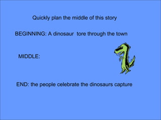 Quickly plan the middle of this story


BEGINNING: A dinosaur tore through the town



 MIDDLE:




END: the people celebrate the dinosaurs capture
 