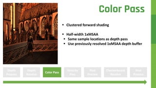 Depth
Prepass
Color Pass
Velocity
Pass
Depth
Resolve
Post
Process
Checkerboard
Resolve
Post
Process
Color Pass
 Clustered forward shading
 Half-width 1xMSAA
 Same sample locations as depth pass
 Use previously resolved 1xMSAA depth buffer
 