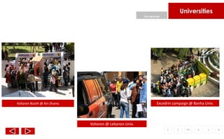 Universities
                                                        Our Services




Voltaren Booth @ Ain Shams                                       Excedrin campaign @ Banha Univ.




                             Voltaren @ Lebanon Univ.
                                                                       F    C     PH   A    o      R
 