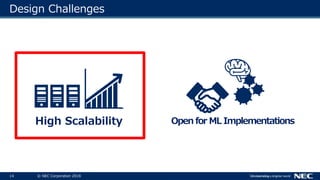 14 © NEC Corporation 2018
Design Challenges
High Scalability Open for ML Implementations
 