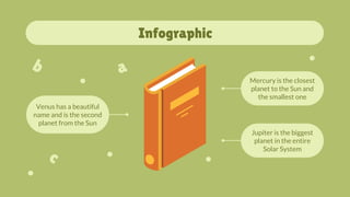 Infographic
Mercury is the closest
planet to the Sun and
the smallest one
Jupiter is the biggest
planet in the entire
Solar System
Venus has a beautiful
name and is the second
planet from the Sun
 