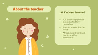 ● 90% of Earth’s population
lives in the Northern
Hemisphere
● Australia is wider than the
Moon
● Africa is the only continent
that lies in all four
hemispheres
About the teacher
Hi, I’m Jenna Jameson!
 