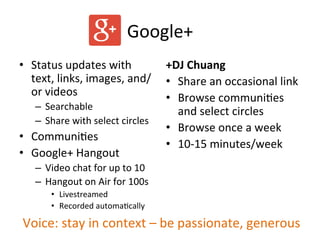 Google+	
  
•  Status	
  updates	
  with	
  
text,	
  links,	
  images,	
  and/
or	
  videos	
  
–  Searchable	
  
–  Share	
  with	
  select	
  circles	
  
•  CommuniPes	
  
•  Google+	
  Hangout	
  	
  
–  Video	
  chat	
  for	
  up	
  to	
  10	
  
–  Hangout	
  on	
  Air	
  for	
  100s	
  
•  Livestreamed	
  
•  Recorded	
  automaPcally	
  
+DJ	
  Chuang	
  
•  Share	
  an	
  occasional	
  link	
  
•  Browse	
  communiPes	
  
and	
  select	
  circles	
  
•  Browse	
  once	
  a	
  week	
  
•  10-­‐15	
  minutes/week	
  
Voice:	
  stay	
  in	
  context	
  –	
  be	
  passionate,	
  generous	
  
 