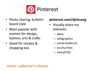 Pinterest	
  
•  Photo	
  sharing,	
  bullePn-­‐
board	
  style	
  
•  Most	
  popular	
  with	
  
women	
  for	
  design,	
  
fashion,	
  arts	
  &	
  crans	
  
•  Good	
  for	
  recipes	
  &	
  
shopping	
  too	
  
pinterest.com/djchuang	
  
•  Visually	
  share	
  my	
  
interests:	
  
–  ideas	
  
–  Infographics	
  
–  social	
  media	
  art	
  
–  ex-­‐churches	
  
–  new	
  gTLDs	
  
Voice:	
  collector’s	
  choice	
  
 