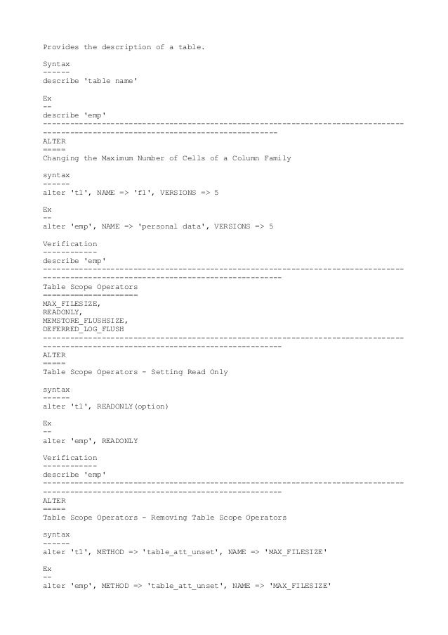 Quick reference for HBase shell commands