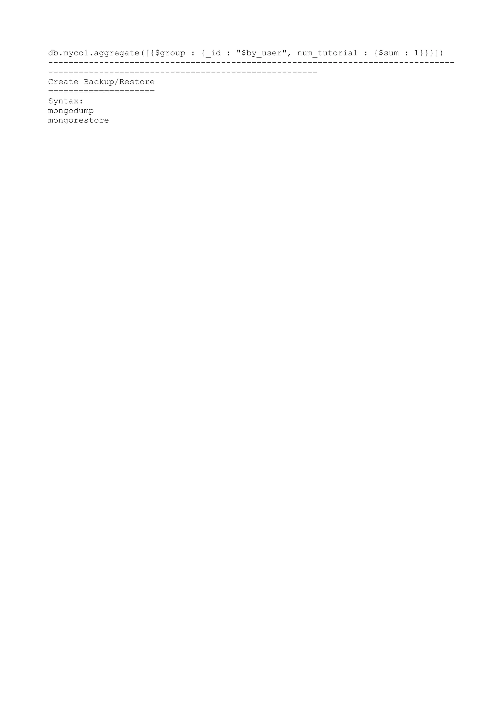 Quick Reference For Mongo Shell Commands TXT Quick reference for mongo shell commands txt