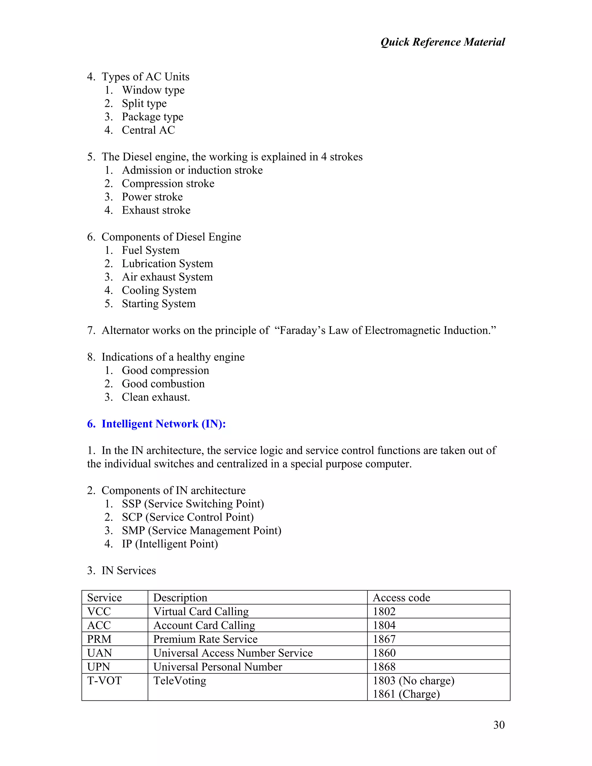Quick Reference Material
30
4. Types of AC Units
1. Window type
2. Split type
3. Package type
4. Central AC
5. The Diesel engine, the working is explained in 4 strokes
1. Admission or induction stroke
2. Compression stroke
3. Power stroke
4. Exhaust stroke
6. Components of Diesel Engine
1. Fuel System
2. Lubrication System
3. Air exhaust System
4. Cooling System
5. Starting System
7. Alternator works on the principle of “Faraday’s Law of Electromagnetic Induction.”
8. Indications of a healthy engine
1. Good compression
2. Good combustion
3. Clean exhaust.
6. Intelligent Network (IN):
1. In the IN architecture, the service logic and service control functions are taken out of
the individual switches and centralized in a special purpose computer.
2. Components of IN architecture
1. SSP (Service Switching Point)
2. SCP (Service Control Point)
3. SMP (Service Management Point)
4. IP (Intelligent Point)
3. IN Services
Service Description Access code
VCC Virtual Card Calling 1802
ACC Account Card Calling 1804
PRM Premium Rate Service 1867
UAN Universal Access Number Service 1860
UPN Universal Personal Number 1868
T-VOT TeleVoting 1803 (No charge)
1861 (Charge)
 