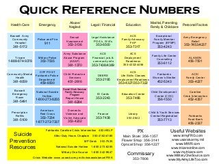 Quick Reference Numbers
Health Care

Emergency

Abuse/
Neglect

Legal / Financial

Education

Marital, Parenting,
Family & Childcare

Personal Factors

Bassett Army
Community
Hospital

Police and Fire

Sexual
Harassment

Legal Assistance
POA’s , Will’s

353-6500

Exceptional
Family Member
Program (EFMP)

Army Emergency
Relief

353-3136

ACS
Family Advocacy
FAP

353-7317

353-4243

Army Substance
Abuse Program
(ASAP)

ACS
Financial, job, &
community info

361-1370

353-7438/4369

Child Protective
Services

DEERS

911

361-5172
Tricare

Military Police

1-888-874-9378

353-7535

Community Mental
Health

OFF POST
Fairbanks Police
Department

361-6059
Bassett
Emergency
Room

361-5491
Prescription
Refills

361-5109

459-6500
National Suicide
Hotline:

451-2616
Social Work Services
Family Advocacy
Program

1-800-273-8255

Report Abuse

American
Red Cross

Domestic
Violence and
Victim Advocate

353-7234
1-877-272-7337

Suicide
Prevention
Resources

ACS
Deployment
Readiness
353-4332/4458

Family Life Center
Counseling

353-6112

353-2195

ACS
Life Skills Classes
Employment Readiness

ID Cards

Education Center

353-2243

353-7486

Finance

Library
353-2642

353-4202

Fairbanks Careline Crisis Intervention 452-HELP
After Duty Hours Chaplain

353-4182/4180

MP Desk

353-7535

National Suicide Hotline

1-800-273-8255

Military One Source

1-800-342-9647

Crisis Website: www.usarak.army.mil/crisisassistance/FWA

ALANON

456-7501

Fairbanks
Women’s Shelter

ACS/
Family Center

452-5343

353-4227

Child Development
Center (CDC)

Careline
Crisis Intervention

356-1550

452-4357

353-4327/353-7322

361-6284

353-7438

353-7453/4237

Child & Youth Services
Central Registration

353-7713

Fairbanks
Food Bank

456-2337

PX

Useful Websites

Main Store: 356-1357
Flower Shop: 356-3141
Optical Shop: 356-1227

www.armyFRG.com
www.usarak.army.mil
www.MWR.com
www.tricareonline.com
www.mytricare.com
www.MilitaryOneSource.com
www.MyArmyLifeToo.com

Commissary
353-7806

 