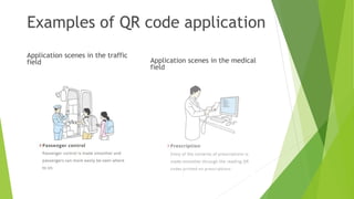 Examples of QR code application
Application scenes in the traffic
field Application scenes in the medical
field
 