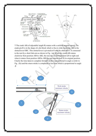 T The crank AB (of adjustable length R) rotates with a uniform angular speed. The
crank pin B is in the shape of a die block which is free to slide inside the slot in the
slotted lever OBC. This slotted lever is pivoted at O and the other end C is connected
to the ram by a short link arm as shown in Fig. (a). When the crank AB rotates
clockwise from position AB1to AB2, the ram moves forward from left to right and
when it rotates from position AB2to AB1the ram returns back to its original position.
Clearly the time taken to complete forward stroke is proportional to angle α (refer to
Fig. (b)) and the return stroke is completed in less time which is proportional to angle
β.
C
A
O
B
O`'
L2 L1
 