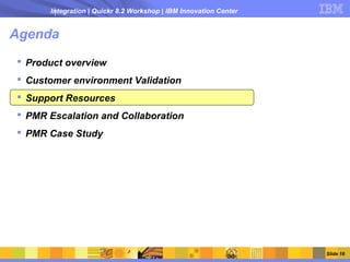 Integration | Quickr 8.2 Workshop | IBM Innovation Center


Agenda
 Product overview
 Customer environment Validation
 Support Resources
 PMR Escalation and Collaboration
 PMR Case Study




                                                                  Slide 16
 