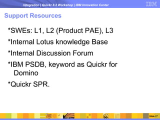 Integration | Quickr 8.2 Workshop | IBM Innovation Center


Support Resources

 *SWEs: L1, L2 (Product PAE), L3
 *Internal Lotus knowledge Base
 *Internal Discussion Forum
 *IBM PSDB, keyword as Quickr for
   Domino
 *Quickr SPR.



                                                                 Slide 17
 