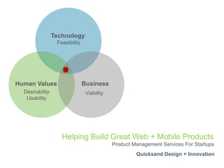 Technology Feasibility Business Human Values Desirability Usability Viability Helping Build Great Web + Mobile Products Product Management Services For Startups Quicksand Design + Innovation 