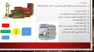 ‫البارد‬ ‫المطبخ‬:
.1‫يصمم‬‫تقديم‬ ‫منطقه‬ ‫و‬ ‫المخبز‬ ‫جزء‬ ‫مع‬ ‫ومتالئم‬ ‫الساخن‬ ‫للمطبخ‬ ‫موازى‬ ‫يكون‬ ‫بحيث‬‫الطعام‬
.2‫له‬ ‫االساسى‬ ‫التركيب‬:
.a‫البارد‬ ‫الطعام‬ ‫طاوله‬ ‫تحت‬ ‫االستخدام‬ ‫يوميه‬ ‫ثالجة‬
.b‫االت‬‫متنوعه‬ ‫تقطيع‬(‫الجبن‬ ‫و‬ ‫والمخبوزات‬ ‫للحوم‬)
.c‫الخلط‬ ‫االت‬(‫الخالطات‬)
.d‫الطعام‬ ‫تقطيع‬ ‫الواح‬
.e‫اسفلها‬ ‫تبريد‬ ‫بجزء‬ ‫مجهزة‬ ‫بالسلطات‬ ‫خاصه‬ ‫طاوله‬
.f‫المحمص‬ ‫الخبز‬ ‫و‬ ‫السمندر‬ ‫لتجهيز‬ ‫اماكن‬
.g‫الفائض‬ ‫تخزين‬ ‫و‬ ‫الطعام‬ ‫لتجهيز‬ ‫كافيه‬ ‫اماكن‬
 