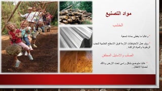 ‫التصنيع‬ ‫مواد‬
‫الخشب‬
*‫شمعية‬ ‫بمادة‬ ‫يغطى‬ ‫ما‬ ‫وغالبا‬
*‫لتجنب‬ ‫الخشبية‬ ‫االسطح‬ ‫فوق‬ ‫االزمة‬ ‫االحتياطات‬ ‫عمل‬ ‫ويتم‬
‫الراكدة‬ ‫والمياة‬ ‫الرطوبة‬.
‫المجلفن‬ ‫واالستيل‬ ‫الصلب‬
*‫وذالك‬ ‫االرض‬ ‫تحت‬ ‫راسى‬ ‫بشكل‬ ‫مايوضع‬ ‫غالبا‬
‫االطفال‬ ‫لحماية‬.
 