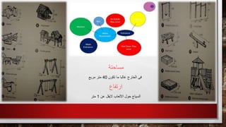 ‫مساحتة‬
‫تكون‬ ‫ما‬ ‫غالبا‬ ‫الخارج‬ ‫فى‬40‫مربع‬ ‫متر‬
‫ارتفاع‬
‫عن‬ ‫اليقل‬ ‫االلعاب‬ ‫حول‬ ‫السياج‬1‫متر‬
 