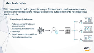 Gestão de dados
Crie conjuntos de dados gerenciados que fornecem aos usuários avançados e
autores a flexibilidade para realizar análises de autoatendimento nos dados que
você controla.
Crie conjuntos de dados que:
• Pode ser compartilhado com
qualquer usuário
• Atualizam automaticamente
• segurança
• Usuarios nao podem modificiar
• Faz mudanças dinamicas
 