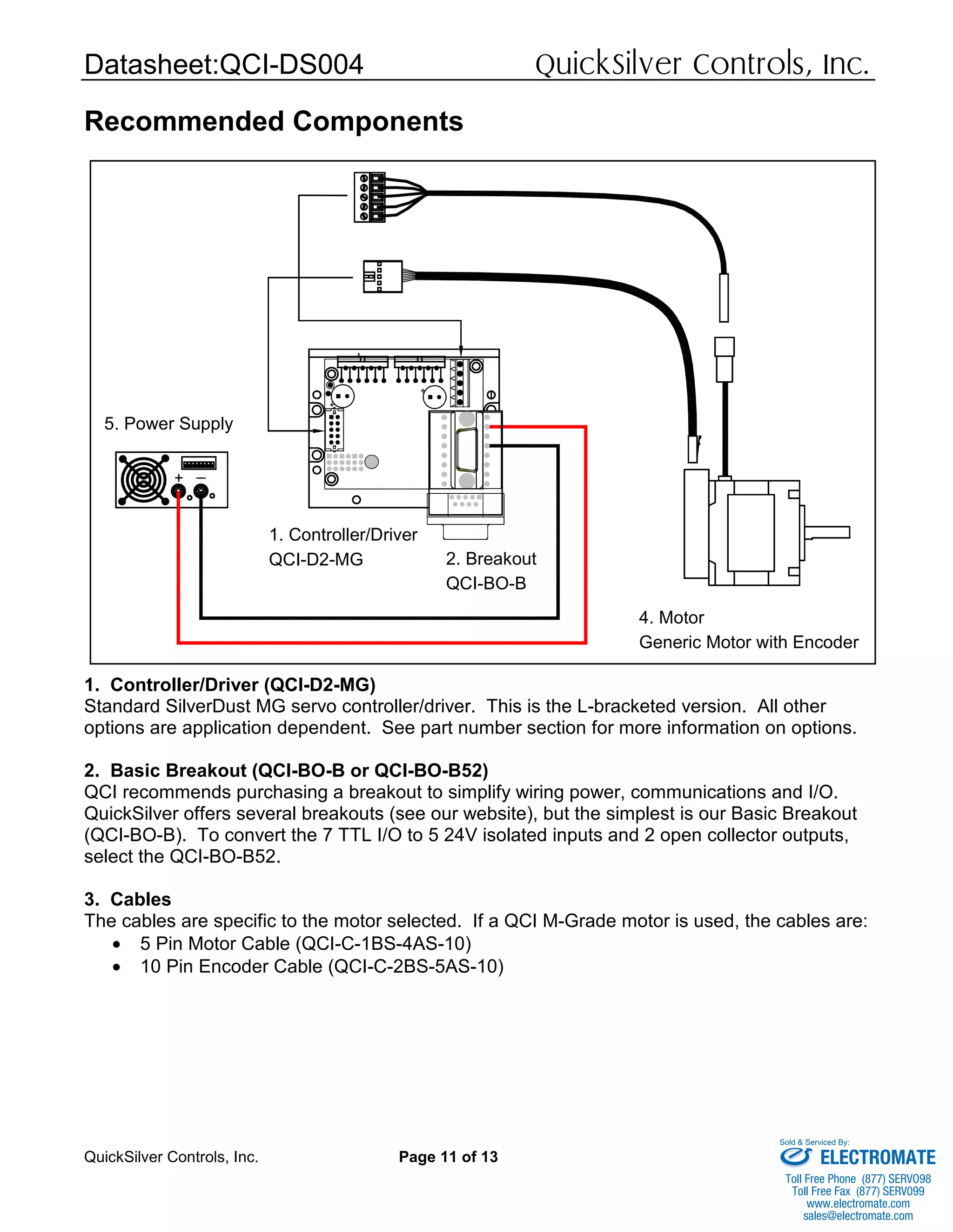Datasheet:QCI-DS004 QuickSilver Controls, Inc.
QuickSilver Controls, Inc. Page 11 of 13
Recommended Components
1. Controller/Driver (QCI-D2-MG)
Standard SilverDust MG servo controller/driver. This is the L-bracketed version. All other
options are application dependent. See part number section for more information on options.
2. Basic Breakout (QCI-BO-B or QCI-BO-B52)
QCI recommends purchasing a breakout to simplify wiring power, communications and I/O.
QuickSilver offers several breakouts (see our website), but the simplest is our Basic Breakout
(QCI-BO-B). To convert the 7 TTL I/O to 5 24V isolated inputs and 2 open collector outputs,
select the QCI-BO-B52.
3. Cables
The cables are specific to the motor selected. If a QCI M-Grade motor is used, the cables are:
• 5 Pin Motor Cable (QCI-C-1BS-4AS-10)
• 10 Pin Encoder Cable (QCI-C-2BS-5AS-10)
1. Controller/Driver
2. BreakoutQCI-D2-MG
QCI-BO-B
Generic Motor with Encoder
+
_
5. Power Supply
4. Motor
ELECTROMATE
Toll Free Phone (877) SERVO98
Toll Free Fax (877) SERV099
www.electromate.com
sales@electromate.com
Sold & Serviced By:
 