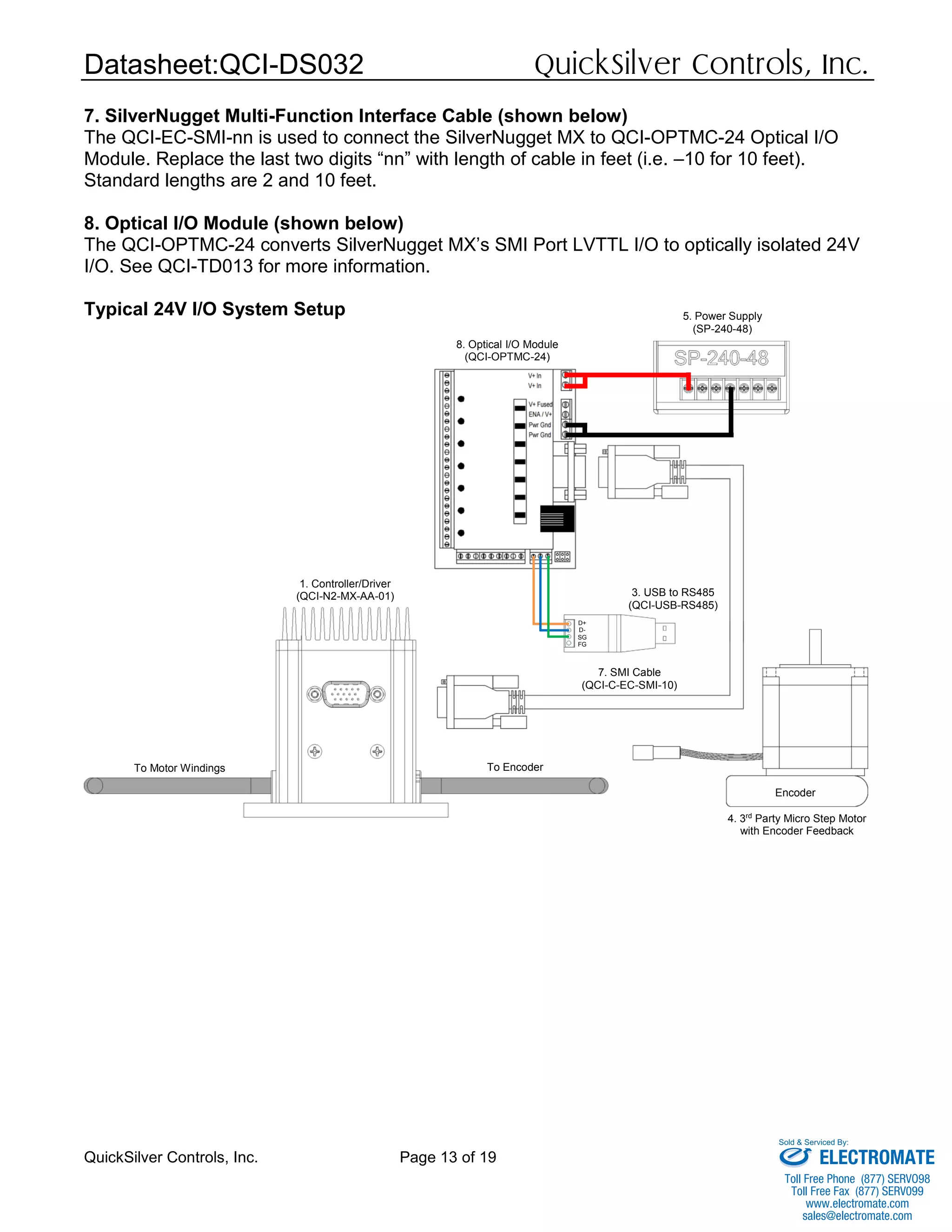 Datasheet:QCI-DS032 QuickSilver Controls, Inc.
QuickSilver Controls, Inc. Page 13 of 19
7. SilverNugget Multi-Function Interface Cable (shown below)
The QCI-EC-SMI-nn is used to connect the SilverNugget MX to QCI-OPTMC-24 Optical I/O
Module. Replace the last two digits “nn” with length of cable in feet (i.e. –10 for 10 feet).
Standard lengths are 2 and 10 feet.
8. Optical I/O Module (shown below)
The QCI-OPTMC-24 converts SilverNugget MX’s SMI Port LVTTL I/O to optically isolated 24V
I/O. See QCI-TD013 for more information.
Typical 24V I/O System Setup
D+
D-
SG
FG
1. Controller/Driver
(QCI-N2-MX-AA-01)
8. Optical I/O Module
(QCI-OPTMC-24)
To Encoder
3. USB to RS485
(QCI-USB-RS485)
4. 3rd
Party Micro Step Motor
with Encoder Feedback
5. Power Supply
(SP-240-48)
7. SMI Cable
(QCI-C-EC-SMI-10)
To Motor Windings
Encoder
ELECTROMATE
Toll Free Phone (877) SERVO98
Toll Free Fax (877) SERV099
www.electromate.com
sales@electromate.com
Sold & Serviced By:
 
