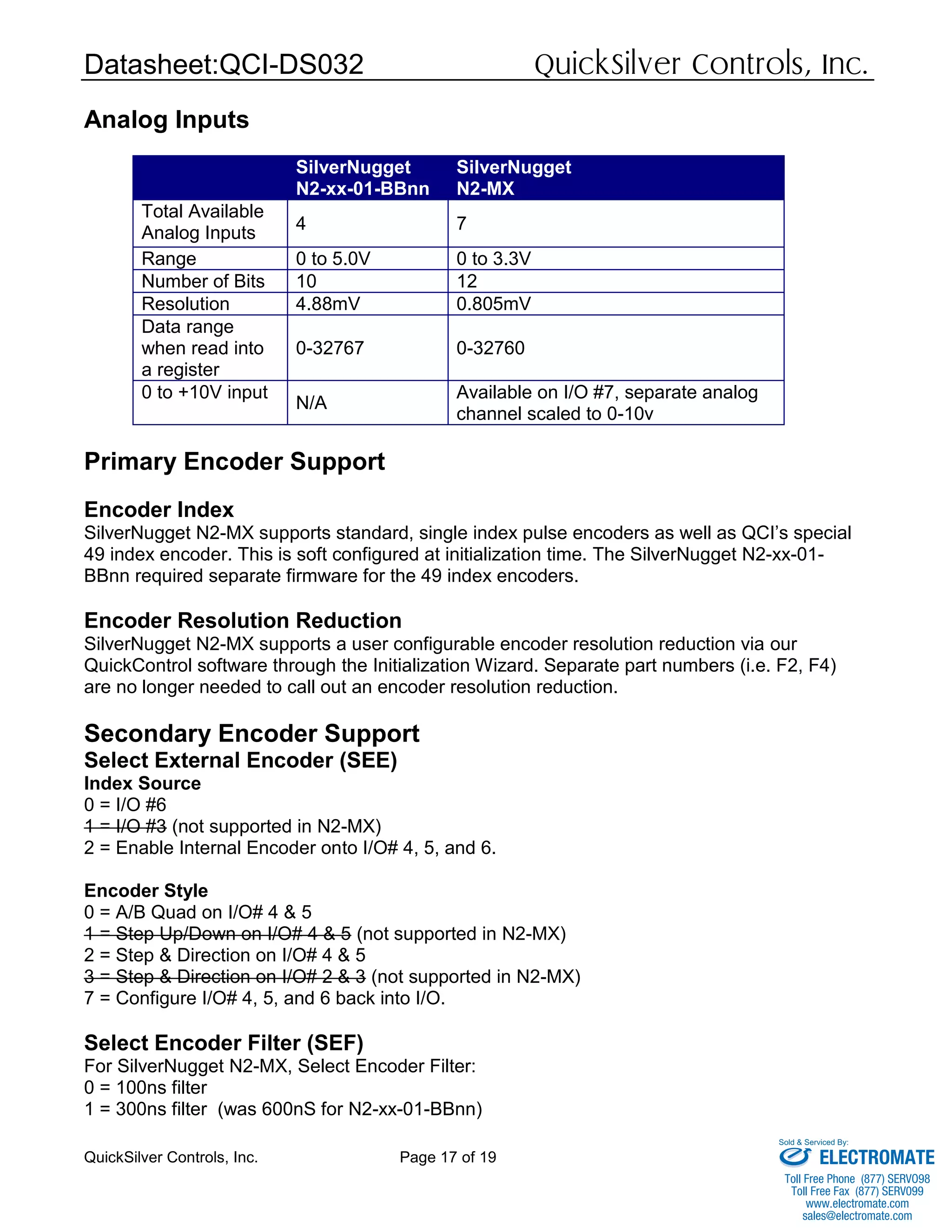 Datasheet:QCI-DS032 QuickSilver Controls, Inc.
QuickSilver Controls, Inc. Page 17 of 19
Analog Inputs
SilverNugget
N2-xx-01-BBnn
SilverNugget
N2-MX
Total Available
Analog Inputs 4 7
Range 0 to 5.0V 0 to 3.3V
Number of Bits 10 12
Resolution 4.88mV 0.805mV
Data range
when read into
a register
0-32767 0-32760
0 to +10V input
N/A
Available on I/O #7, separate analog
channel scaled to 0-10v
Primary Encoder Support
Encoder Index
SilverNugget N2-MX supports standard, single index pulse encoders as well as QCI’s special
49 index encoder. This is soft configured at initialization time. The SilverNugget N2-xx-01-
BBnn required separate firmware for the 49 index encoders.
Encoder Resolution Reduction
SilverNugget N2-MX supports a user configurable encoder resolution reduction via our
QuickControl software through the Initialization Wizard. Separate part numbers (i.e. F2, F4)
are no longer needed to call out an encoder resolution reduction.
Secondary Encoder Support
Select External Encoder (SEE)
Index Source
0 = I/O #6
1 = I/O #3 (not supported in N2-MX)
2 = Enable Internal Encoder onto I/O# 4, 5, and 6.
Encoder Style
0 = A/B Quad on I/O# 4 & 5
1 = Step Up/Down on I/O# 4 & 5 (not supported in N2-MX)
2 = Step & Direction on I/O# 4 & 5
3 = Step & Direction on I/O# 2 & 3 (not supported in N2-MX)
7 = Configure I/O# 4, 5, and 6 back into I/O.
Select Encoder Filter (SEF)
For SilverNugget N2-MX, Select Encoder Filter:
0 = 100ns filter
1 = 300ns filter (was 600nS for N2-xx-01-BBnn)
ELECTROMATE
Toll Free Phone (877) SERVO98
Toll Free Fax (877) SERV099
www.electromate.com
sales@electromate.com
Sold & Serviced By:
 