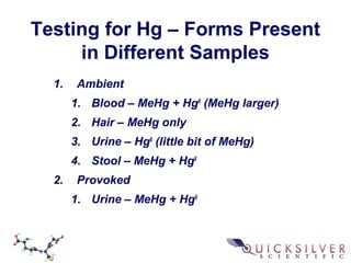Testing for Hg – Forms Present
in Different Samples
1. Ambient
1. Blood – MeHg + HgII
(MeHg larger)
2. Hair – MeHg only
3. Urine – HgII
(little bit of MeHg)
4. Stool – MeHg + HgII
2. Provoked
1. Urine – MeHg + HgII
 