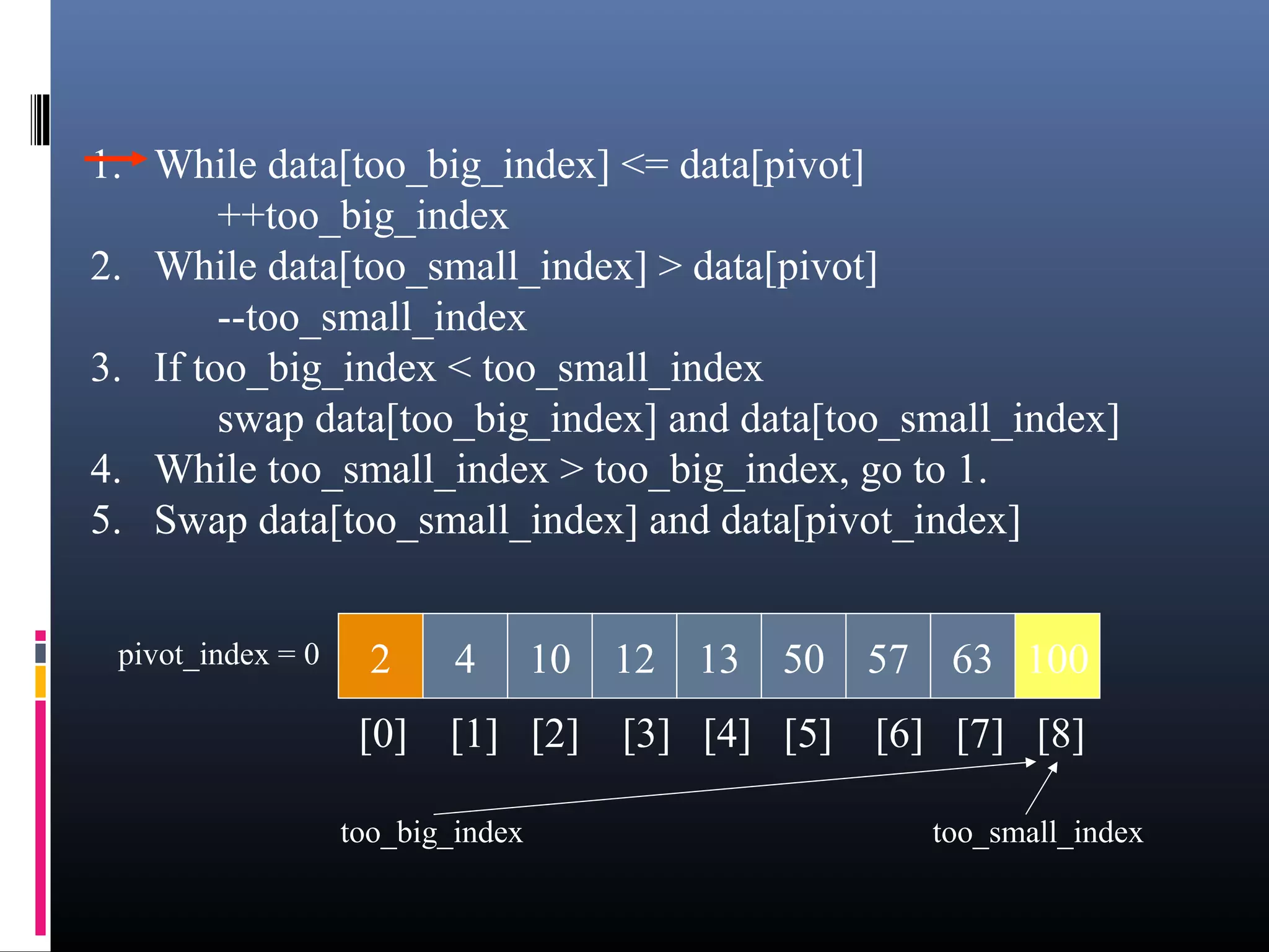 1. While data[too_big_index] <= data[pivot]
++too_big_index
2. While data[too_small_index] > data[pivot]
--too_small_index
3. If too_big_index < too_small_index
swap data[too_big_index] and data[too_small_index]
4. While too_small_index > too_big_index, go to 1.
5. Swap data[too_small_index] and data[pivot_index]
2 4 10 12 13 50 57 63 100pivot_index = 0
[0] [1] [2] [3] [4] [5] [6] [7] [8]
too_big_index too_small_index
 