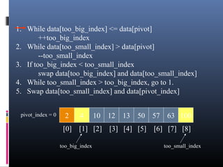 1. While data[too_big_index] <= data[pivot]
++too_big_index
2. While data[too_small_index] > data[pivot]
--too_small_index
3. If too_big_index < too_small_index
swap data[too_big_index] and data[too_small_index]
4. While too_small_index > too_big_index, go to 1.
5. Swap data[too_small_index] and data[pivot_index]
2 4 10 12 13 50 57 63 100pivot_index = 0
[0] [1] [2] [3] [4] [5] [6] [7] [8]
too_big_index too_small_index
 