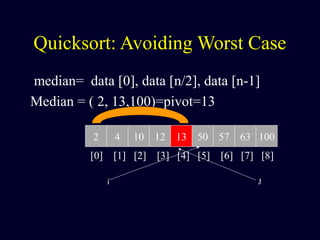 Quicksort: Avoiding Worst Case
median= data [0], data [n/2], data [n-1]
Median = ( 2, 13,100)=pivot=13
2 4 10 12 13 50 57 63 100
[0] [1] [2] [3] [4] [5] [6] [7] [8]
i J
 