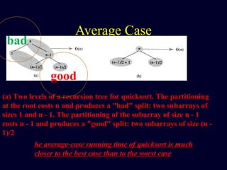 Average Case
he average-case running time of quicksort is much
closer to the best case than to the worst case
(a) Two levels of a recursion tree for quicksort. The partitioning
at the root costs n and produces a "bad" split: two subarrays of
sizes 1 and n - 1. The partitioning of the subarray of size n - 1
costs n - 1 and produces a "good" split: two subarrays of size (n -
1)/2
good
bad
 