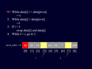 40 20 10 30 60 50 7 80 100pivot_index = 0
[0] [1] [2] [3] [4] [5] [6] [7] [8]
i J
1. While data[i] <= data[pivot]
++i
2. While data[j] > data[pivot]
--J
3. If i < J
swap data[i] and data[j]
4. While J > i, go to 1.
 