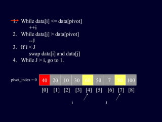 40 20 10 30 60 50 7 80 100pivot_index = 0
[0] [1] [2] [3] [4] [5] [6] [7] [8]
i J
1. While data[i] <= data[pivot]
++i
2. While data[j] > data[pivot]
--J
3. If i < J
swap data[i] and data[j]
4. While J > i, go to 1.
 