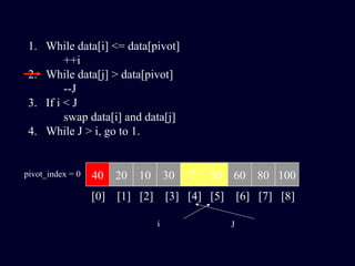 1. While data[i] <= data[pivot]
++i
2. While data[j] > data[pivot]
--J
3. If i < J
swap data[i] and data[j]
4. While J > i, go to 1.
40 20 10 30 7 50 60 80 100pivot_index = 0
[0] [1] [2] [3] [4] [5] [6] [7] [8]
i J
 